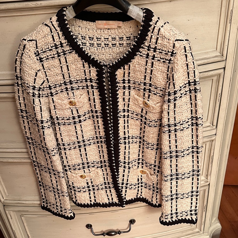 Tory Burch Kendra tweed linen-blend jacket in cream and black